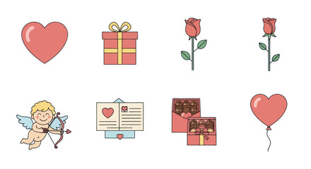 Valentine's Day Icons: Heart, Rose, Cupid, Gift Box, Love Letter, Chocolates, Balloon