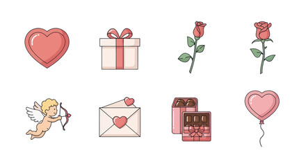 Valentine's Day Icons: Heart, Rose, Cupid, Gift Box, Chocolate, Envelope, Balloon