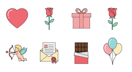 Valentine's Day Icons: Heart, Rose, Gift Box, Cupid, Chocolate, Balloons, Love Letter