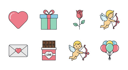 Valentine's Day Icons: Heart, Rose, Gift, Cupid, Chocolate, Envelope, Balloons