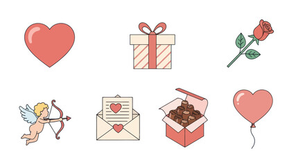 Valentine's Day Icons: Heart, Rose, Gift, Cupid, Chocolate, Love Letter, Balloon