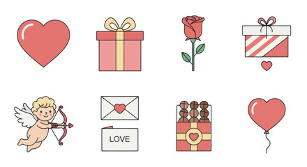 Valentine's Day Icons: Cupid, Heart, Rose, Gifts, Chocolates, Love Letter