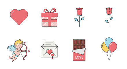 Valentine's Day Icons: Heart, Rose, Cupid, Gift Box, Chocolate, Love Letter, Balloons