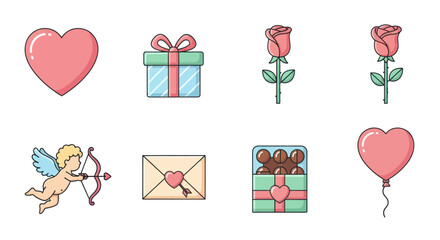 Valentine's Day Icons Set: Love, Romance, Gifts, Cupid, Roses, Chocolate, Heart Balloon