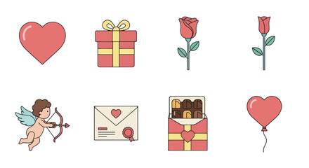 Valentine's Day Icons: Cupid, Heart, Rose, Gift Box, Chocolate, Love Letter, Balloon
