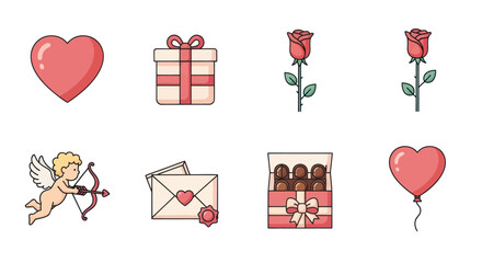 Valentine's Day Icons: Heart, Gift Box, Roses, Cupid, Love Letter, Chocolate, Balloon