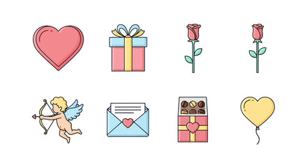 Valentine's Day Icons: Heart, Gift, Roses, Cupid, Letter, Chocolates, Balloon