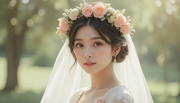 Bride-to-be wearing a soft pastel outfit, floral crown, dreamy natural light
