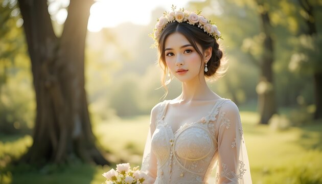 Bride-to-be wearing a soft pastel outfit, floral crown, dreamy natural light
