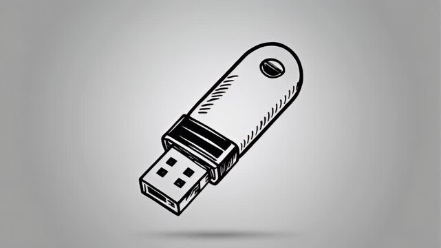 Hand-drawn sketch illustration of a modern USB flash drive, symbolizing portable digital data storage, file transfer, and computer memory backup solutions