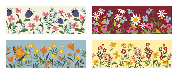 Cute spring and summer garden flowers with leaves, plants in frame border set. Floral pattern collection, red, yellow and blue daisy blossoms in modern naive style cartoon.