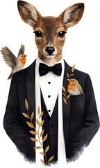 Elegantes Reh im Smoking mit Fliege, begleitet von kleinen V&ouml;geln und dekorativen Bl&auml;ttern in stilvoller Illustration