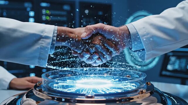 Two scientists shake hands over a futuristic glowing device in a laboratory setting with screens in the background, symbolizing innovation and partnership