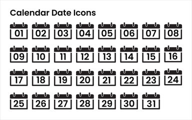 A vector illustration features a set of black and white calendar icons, numbered sequentially from 01 to 31. Each icon represents a single day of the month, displayed in a simple, flat design