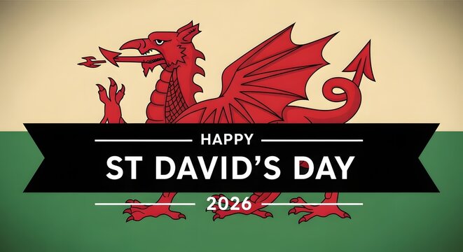 Happy st david's day 2024 celebration with red welsh dragon