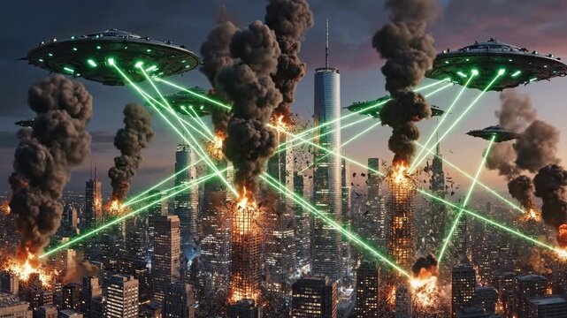 A fleet of alien UFOs descends upon a metropolitan skyline at dusk, unleashing green laser beams that trigger catastrophic explosions and thick black smoke. An epic vision of global panic.