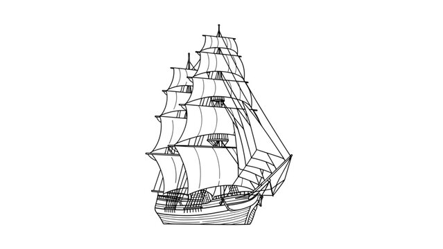 Detailed linear drawing of a classic sailing ship with full sails