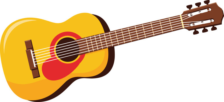 Stylized acoustic guitar with yellow body, red pickguard, brown neck, and six strings on white background in cartoon illustration