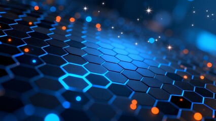 Obraz premium Abstract digital hexagonal grid with glowing blue and orange nodes, illuminated by light effects in a futuristic technological environment
