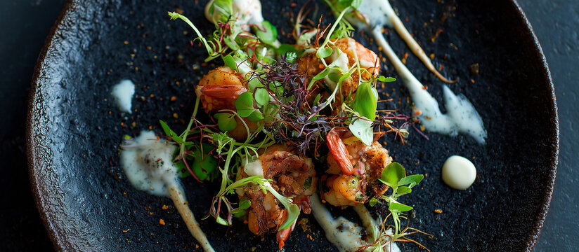 Exquisite gourmet seafood dish beautifully plated on a black designer ceramic plate in a luxury restaurant for fine dining experience