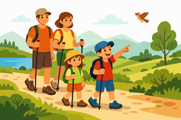 Family exploring outdoor nature trail, hiking together with trekking poles