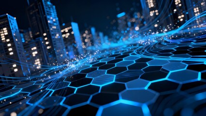 Obraz premium Futuristic cityscape with glowing hexagonal grid and digital light trails at night