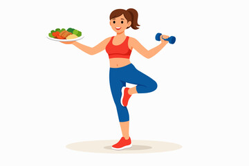 Obraz premium Woman balancing with healthy food and a dumbbell in a fitness concept