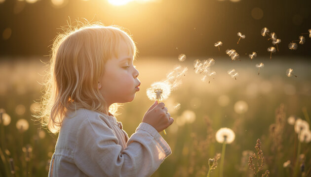 Young girl blowing dandelion seeds while standing in sunset field  