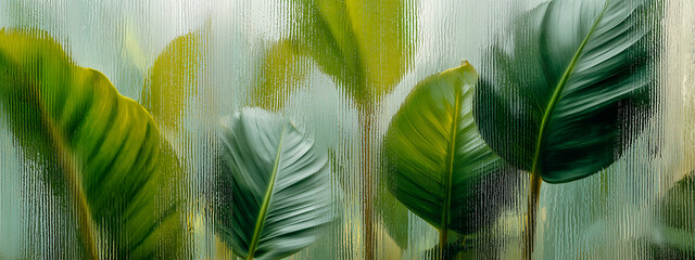 Modern abstract background of green tropical leaves behind frosted glass for biophilic design and wellness interior concepts