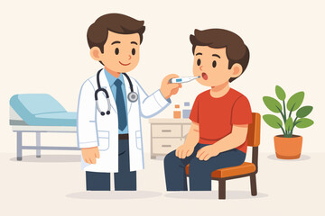 Fototapeta premium Pediatrician checking boy temperature with medical thermometer during routine checkup