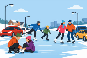 Obraz premium People enjoying winter ice skating on an outdoor rink, tying skates and holding hands