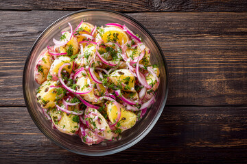 traditional german potato salad with onions and herbs in a bowl isolated on white background top view