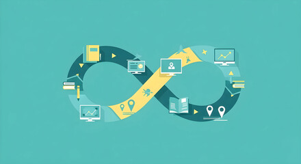 生涯学習と継続的な知識習得を象徴するインフィニティループのイラスト。キャリア形成と学びの循環。