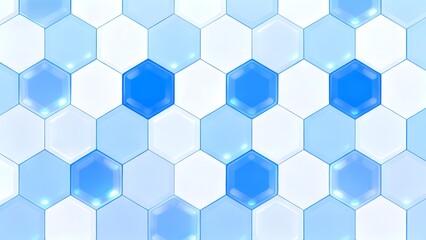 Fototapeta premium Abstract hexagonal pattern with blue and white geometric tiles featuring glowing highlights
