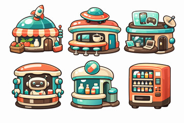 Naklejka premium Creating futuristic shops and kiosks, game assets vector illustration