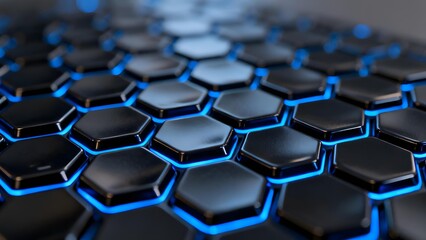 Fototapeta premium Close-up of hexagonal pattern with glowing blue edges on a dark surface