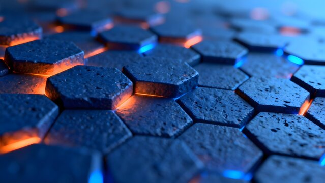 Close-up of hexagonal patterned surface with glowing orange and blue edges under dark lighting