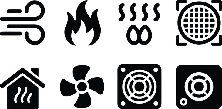 A modern collection of black monochrome icons symbolizing wind, fire, heat, and various ventilation equipment