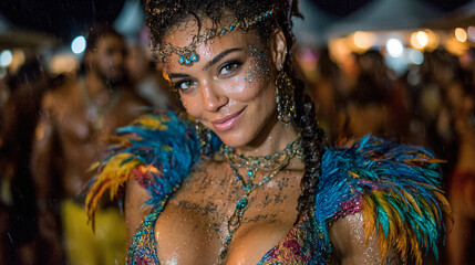Dancer in Vibrant Feather Costume at Carnival Party