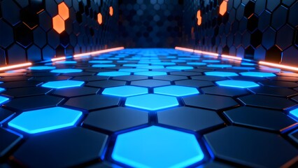 Fototapeta premium Futuristic hexagonal floor with glowing blue tiles and orange light accents in a dark corridor