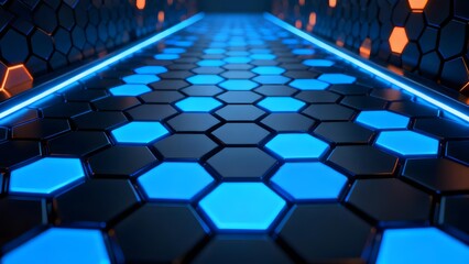 Naklejka premium Futuristic hexagonal corridor with glowing blue tiles and illuminated edges