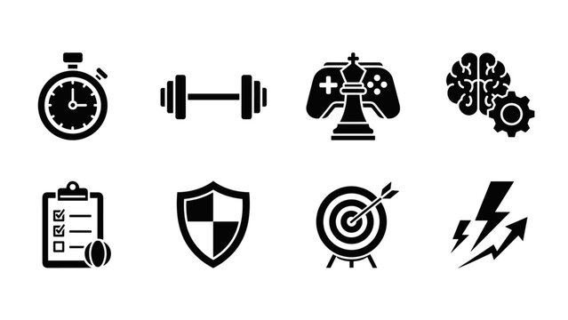 Minimalist icons for fitness, gaming, and productivity: stopwatch, dumbbell, brain, and more
