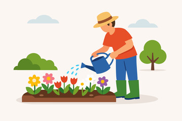 Fototapeta premium Gardener watering flowers in a blooming garden bed vector illustration