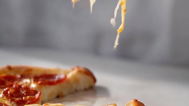Hand grabbing slice of pepperoni pizza with melted cheese stretching in warm close up snack moment on table