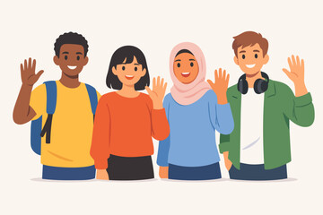 Diverse students waving, smiling together, representing inclusion and unity
