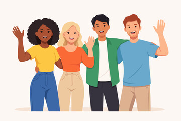 Fototapeta premium Diverse group of young people together waving hands and smiling, showing inclusion