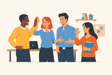 Fototapeta premium Business people high-fiving, celebrating success, teamwork concept, happy diverse colleagues collaborating