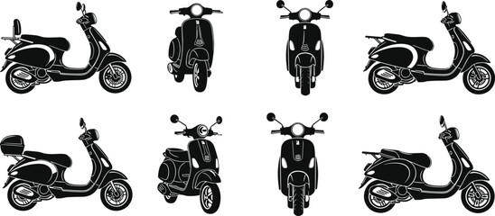 Retro scooter silhouettes collection showing classic vespa mopeds from multiple angles, urban transportation concept, vintage mobility design isolated on white background illustration © Saera