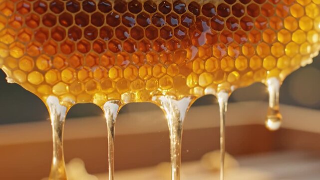 Honeycomb honey dripping golden closeup organic sweet natural bee syrup fresh harvest texture pattern background natural food detail warm light sunlight shine organic sweet golden nectar