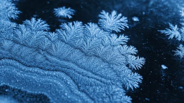 Intricate ice crystal formations grow on a dark surface in mesmerizing blue hues